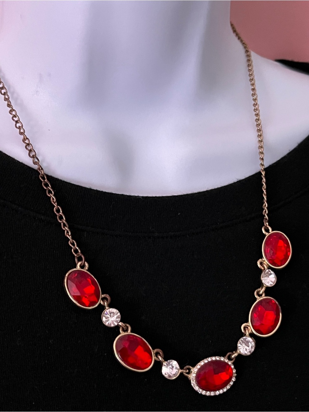 Estate Gold-Tone Necklace with Red and Clear Crystals